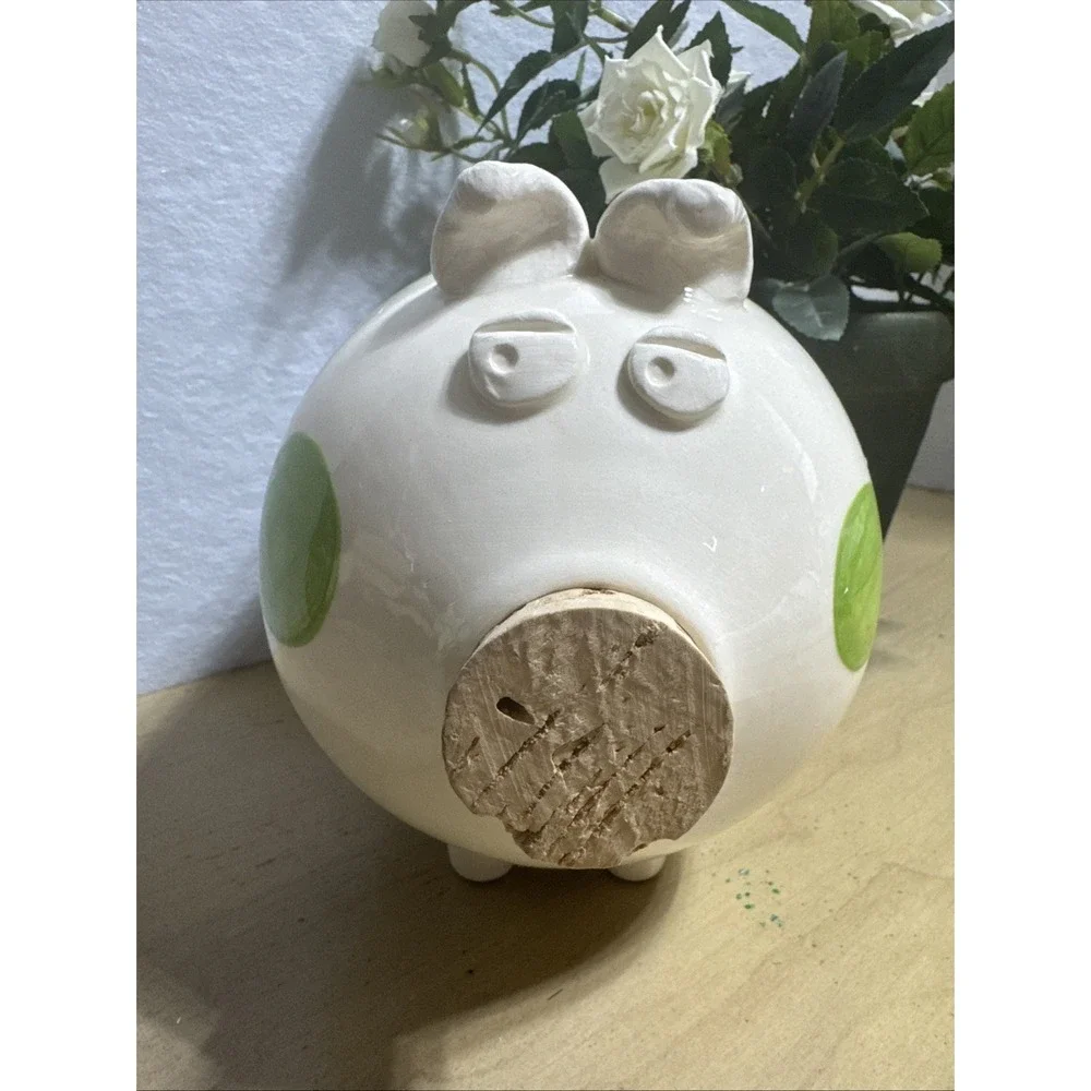 Ceramic Piggy Bank 2008 Green Polka Dots 6